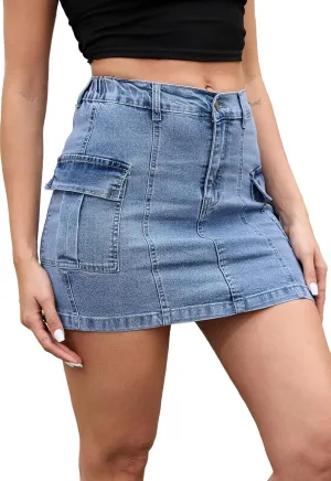 Womens Cargo Mini Skirt Y2k Bodycon Button Stretchy Low Waist Solid Sexy Short Skirts for Women with Flap Pocket