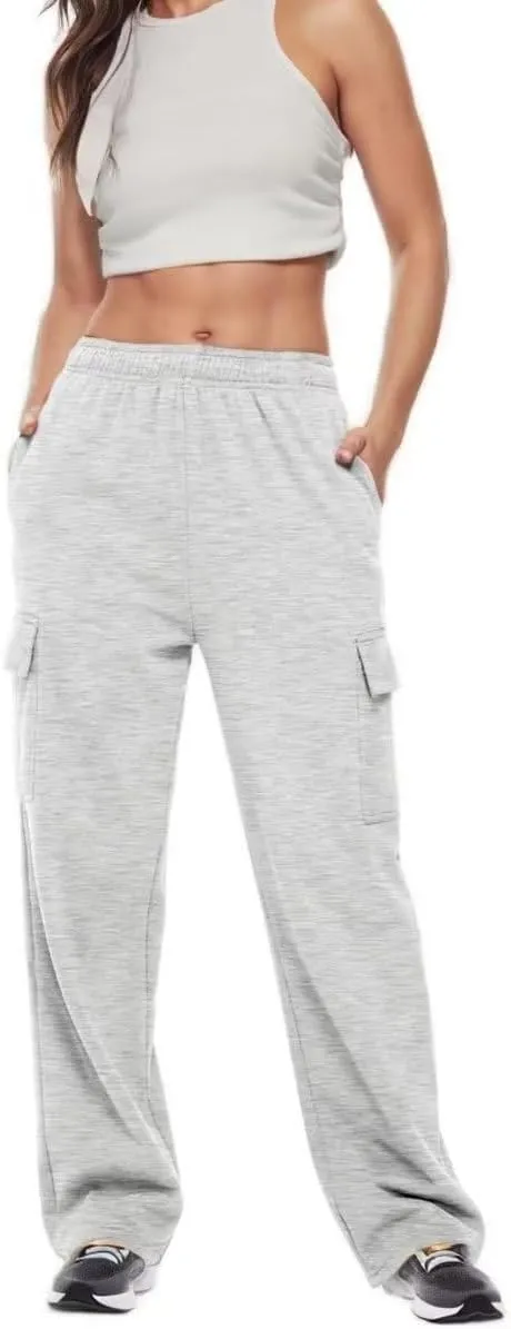 Women's Cargo Sweatpants Trendy Straight Leg Sweats Pants Cotton Elastic Waist Joggers Workout Trousers with Pockets