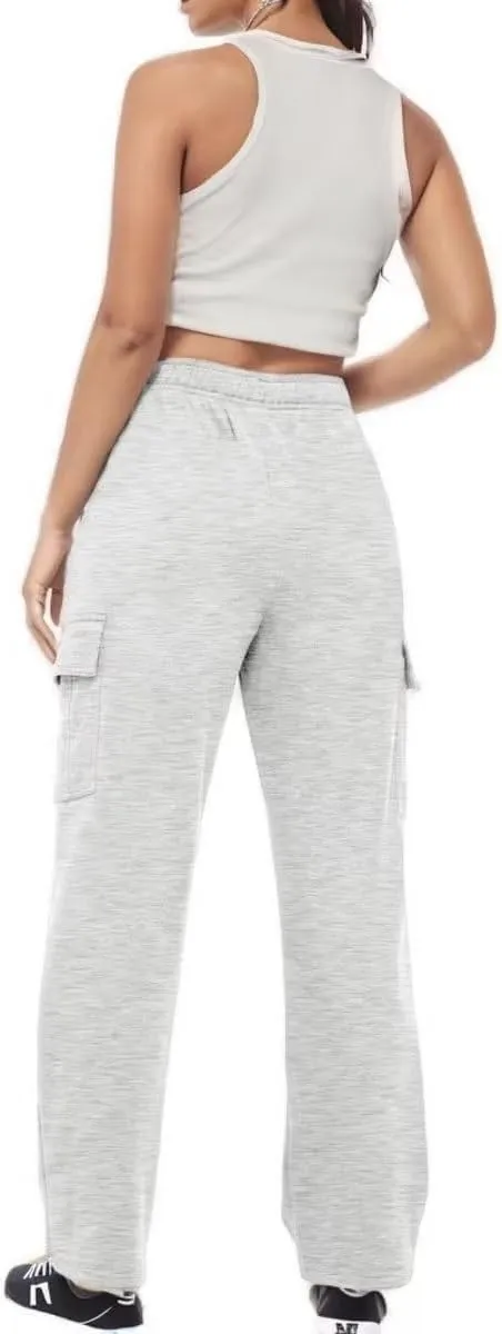 Women's Cargo Sweatpants Trendy Straight Leg Sweats Pants Cotton Elastic Waist Joggers Workout Trousers with Pockets
