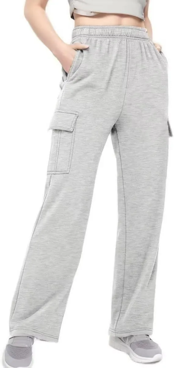 Women's Cargo Sweatpants Trendy Straight Leg Sweats Pants Cotton Elastic Waist Joggers Workout Trousers with Pockets
