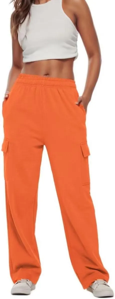 Women's Cargo Sweatpants Trendy Straight Leg Sweats Pants Cotton Elastic Waist Joggers Workout Trousers with Pockets