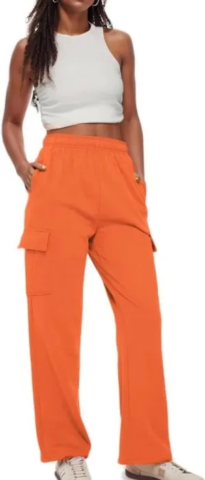 Women's Cargo Sweatpants Trendy Straight Leg Sweats Pants Cotton Elastic Waist Joggers Workout Trousers with Pockets