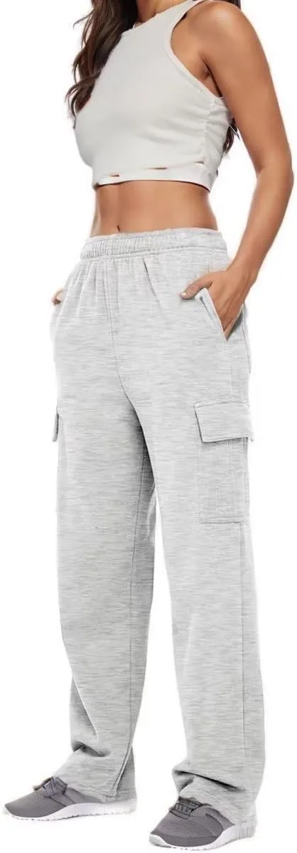 Women's Cargo Sweatpants Trendy Straight Leg Sweats Pants Cotton Elastic Waist Joggers Workout Trousers with Pockets