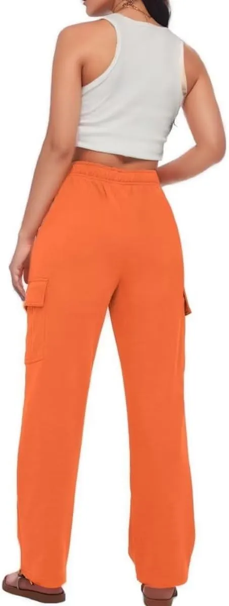Women's Cargo Sweatpants Trendy Straight Leg Sweats Pants Cotton Elastic Waist Joggers Workout Trousers with Pockets