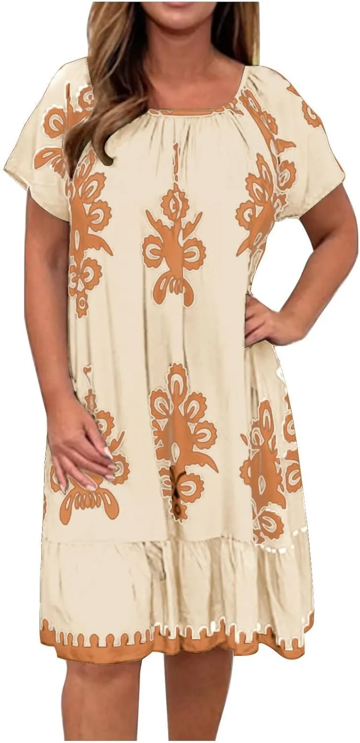 Women's Casual Dresses Boho Floral Printed Midi Dress Crew Neck Short Sleeve Loose Fashion Plus Size Dress