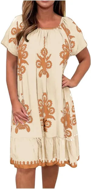 Women's Casual Dresses Boho Floral Printed Midi Dress Crew Neck Short Sleeve Loose Fashion Plus Size Dress