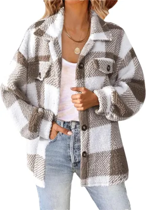 Womens Casual Fuzzy Fleece Jacket Wool Blend Plaid Flannel Button Down Shirts Shackets Jacket Coats Outfits Tops