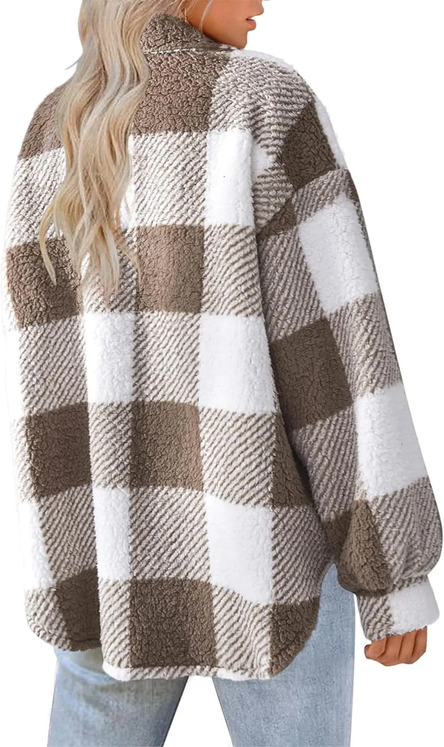 Womens Casual Fuzzy Fleece Jacket Wool Blend Plaid Flannel Button Down Shirts Shackets Jacket Coats Outfits Tops