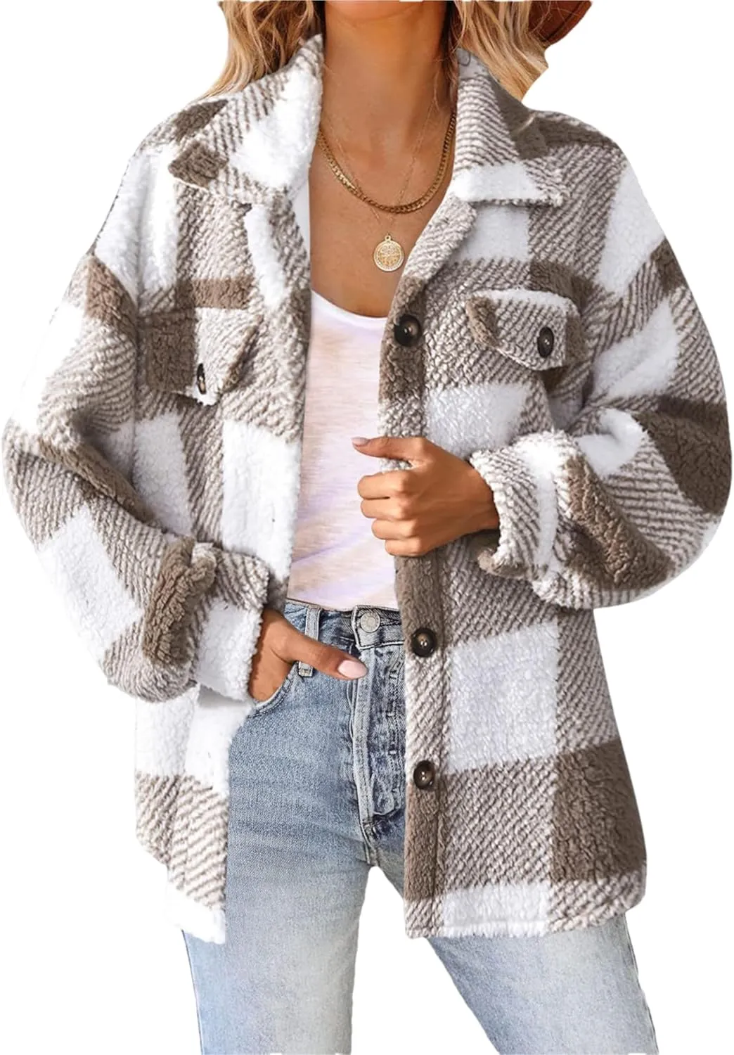 Womens Casual Fuzzy Fleece Jacket Wool Blend Plaid Flannel Button Down Shirts Shackets Jacket Coats Outfits Tops