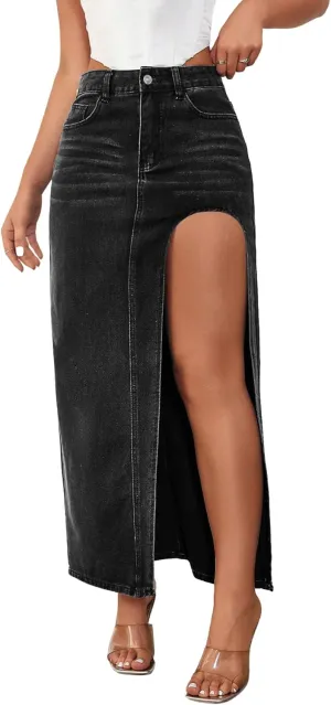 Women's Casual High Waist Split Thigh Jean Skirt A Line Long Maxi Slim Denim Skirt