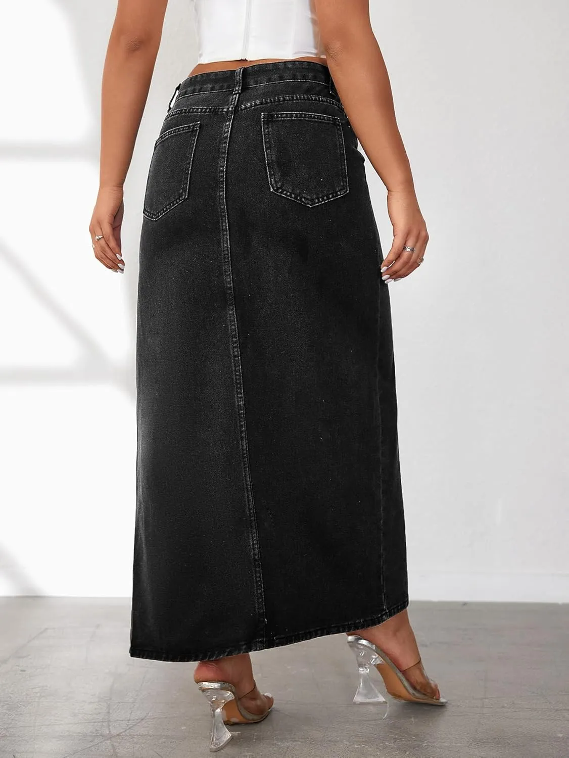 Women's Casual High Waist Split Thigh Jean Skirt A Line Long Maxi Slim Denim Skirt