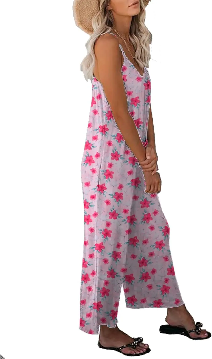 Womens Casual Loose Sleeveless Bohemian Beach Jumpsuits Spaghetti Strap Wide Leg Rompers with Pockets LTK