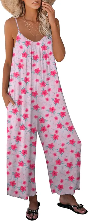 Womens Casual Loose Sleeveless Bohemian Beach Jumpsuits Spaghetti Strap Wide Leg Rompers with Pockets LTK