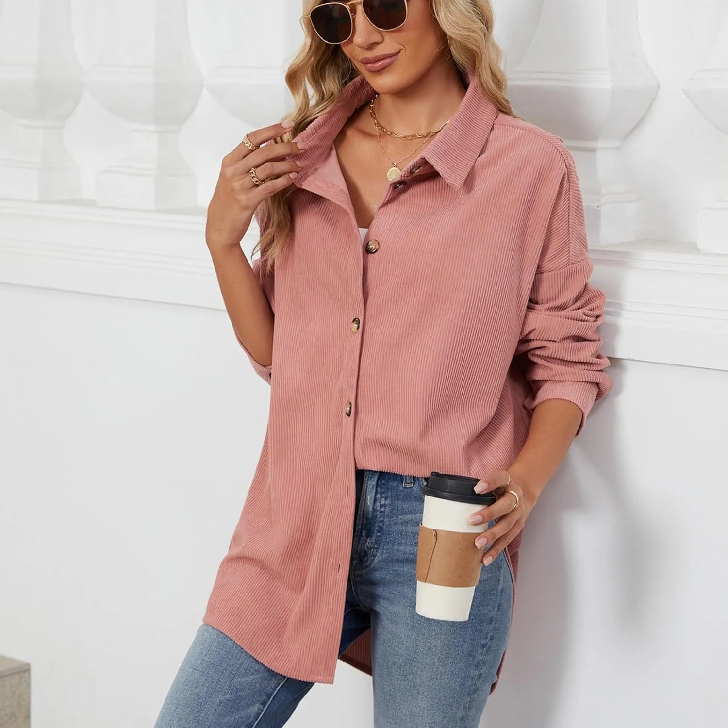 Womens Corduroy Shacket Blouses Button Down Shirts Long Sleeves Tops Jacket Coats Fashion Casual Jacket All Season