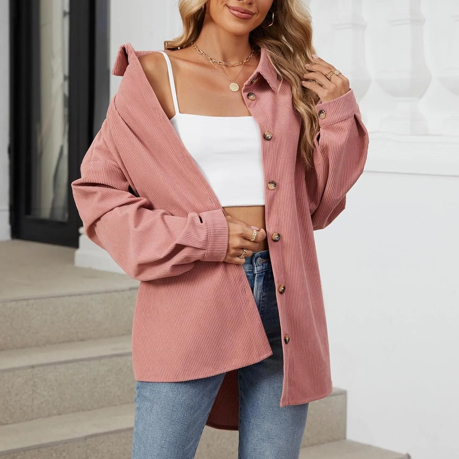 Womens Corduroy Shacket Blouses Button Down Shirts Long Sleeves Tops Jacket Coats Fashion Casual Jacket All Season