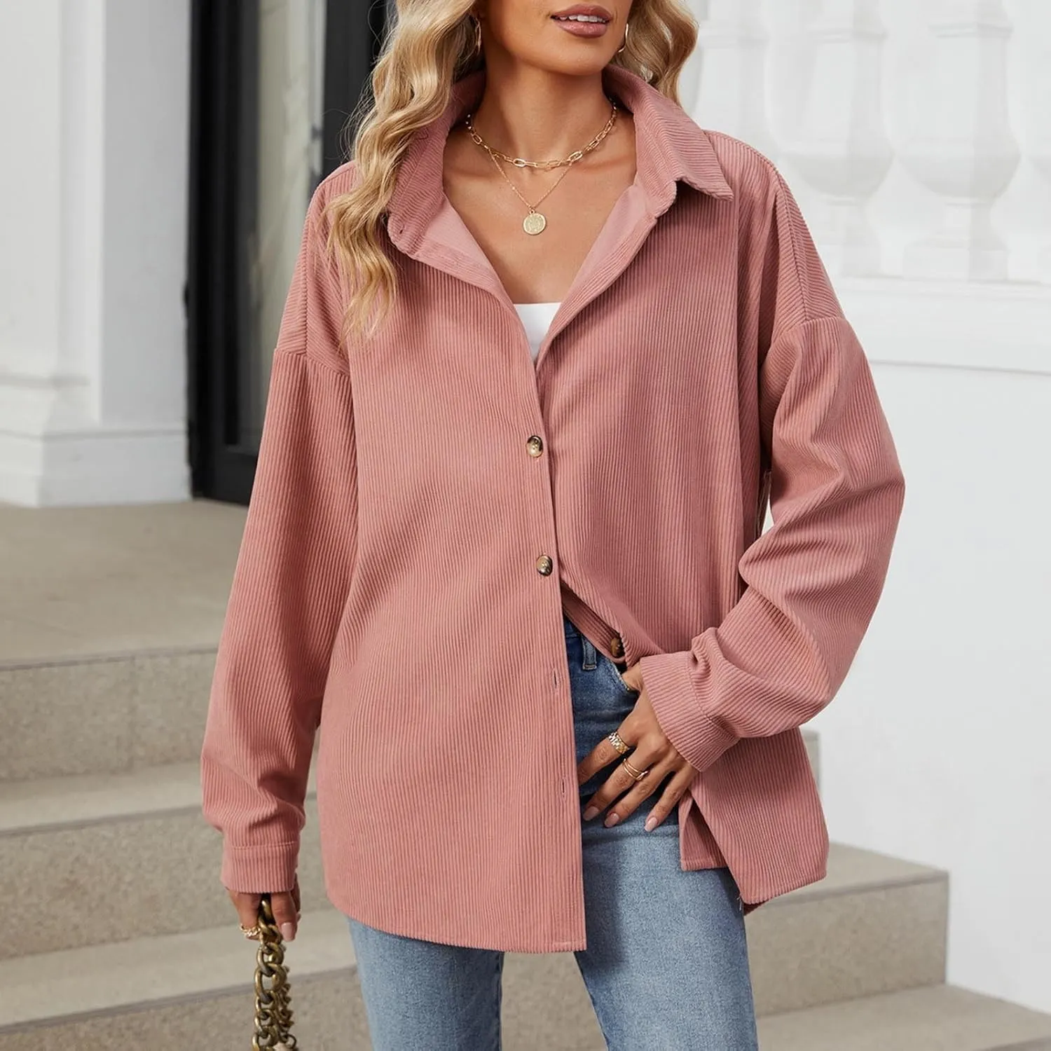 Womens Corduroy Shacket Blouses Button Down Shirts Long Sleeves Tops Jacket Coats Fashion Casual Jacket All Season