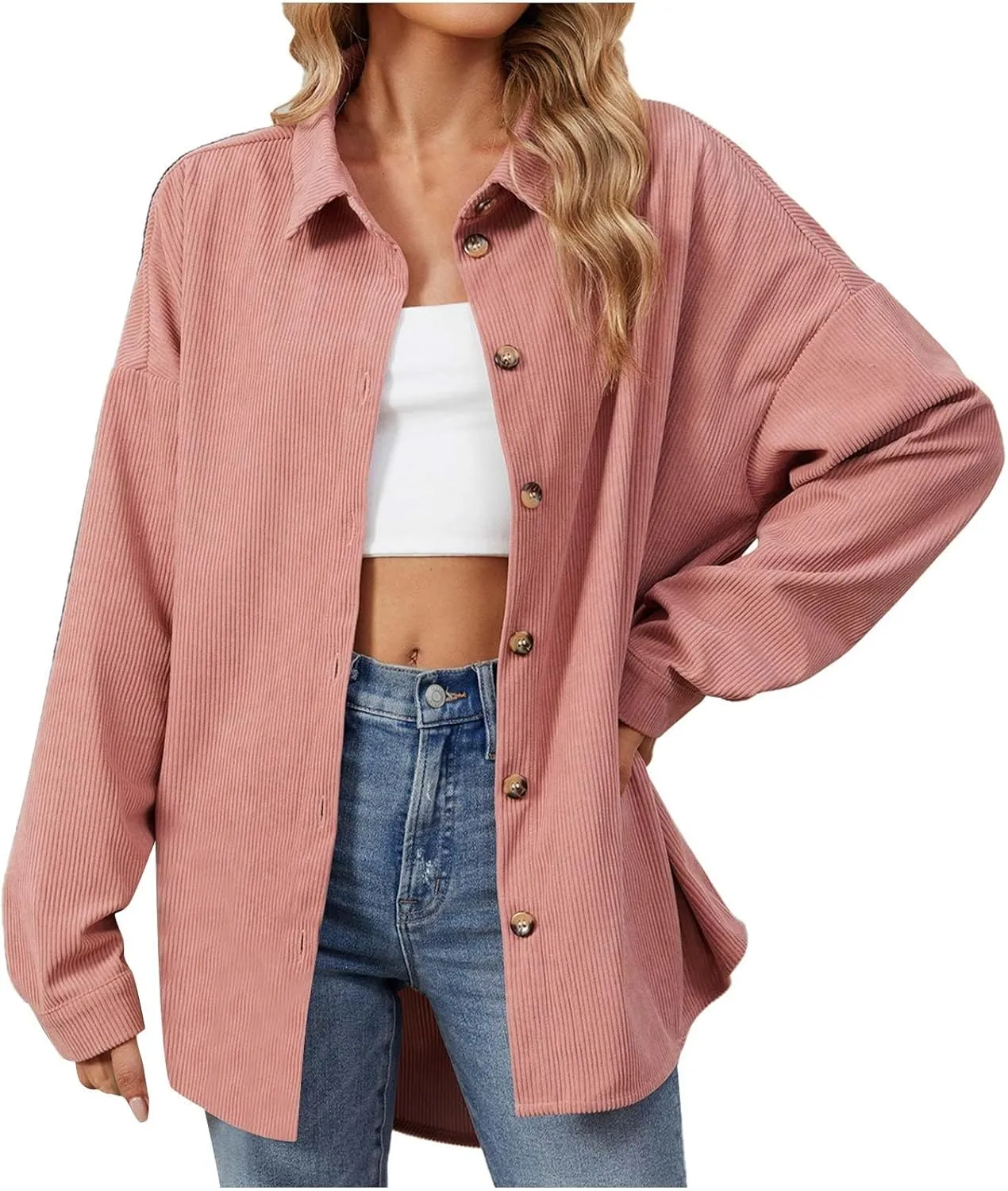 Womens Corduroy Shacket Blouses Button Down Shirts Long Sleeves Tops Jacket Coats Fashion Casual Jacket All Season