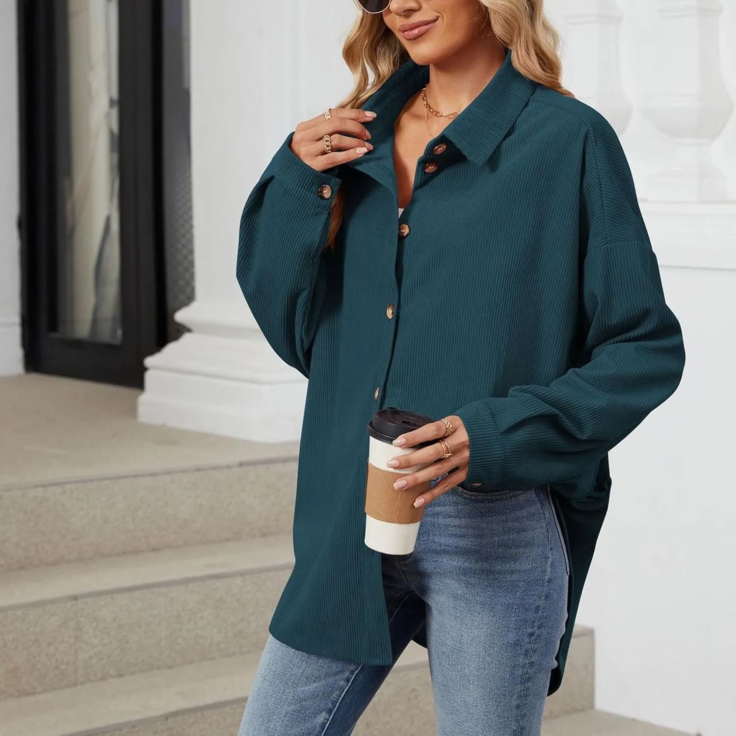 Women's Corduroy Shirt Long Sleeve Button Down Shacket Jacket Casual Oversized Top Trendy Versatile Fall Coats 2024