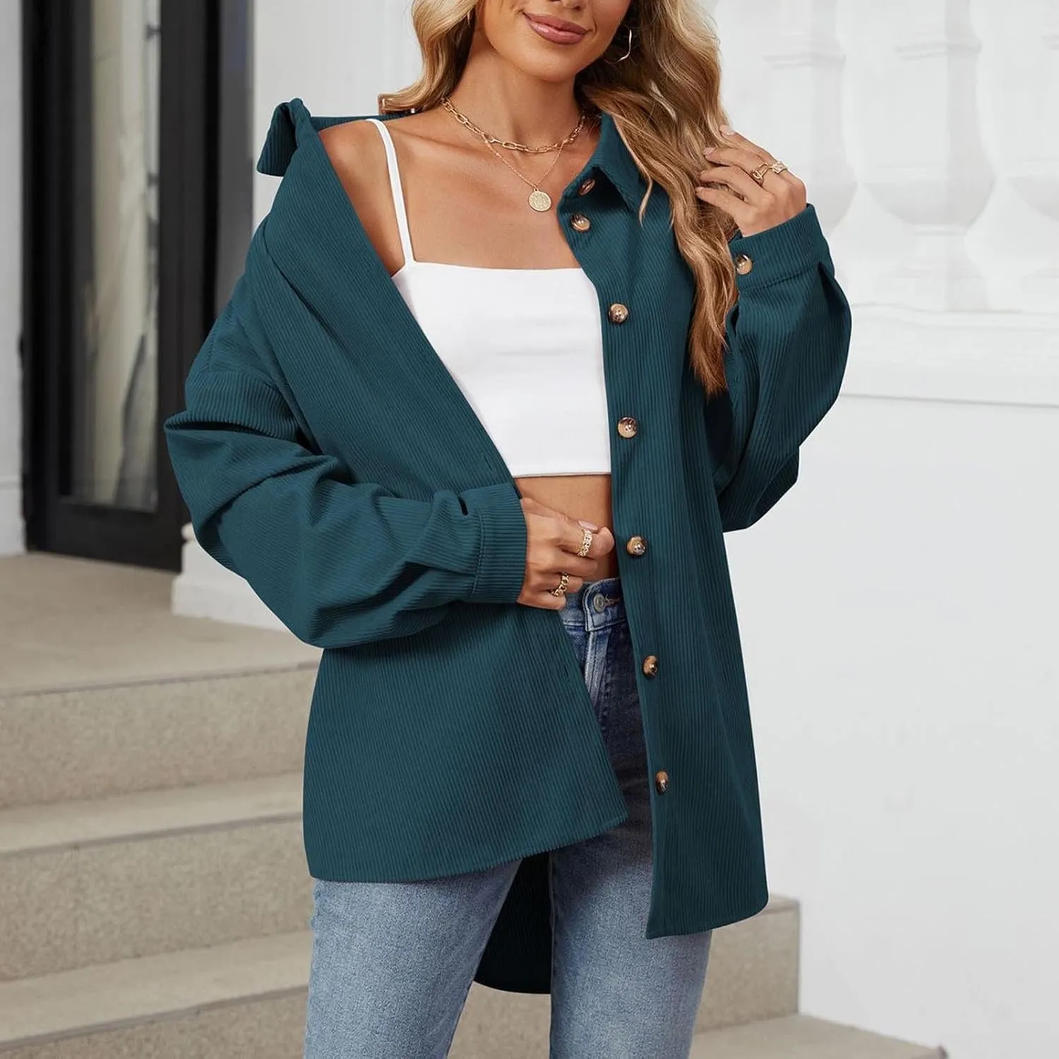 Women's Corduroy Shirt Long Sleeve Button Down Shacket Jacket Casual Oversized Top Trendy Versatile Fall Coats 2024