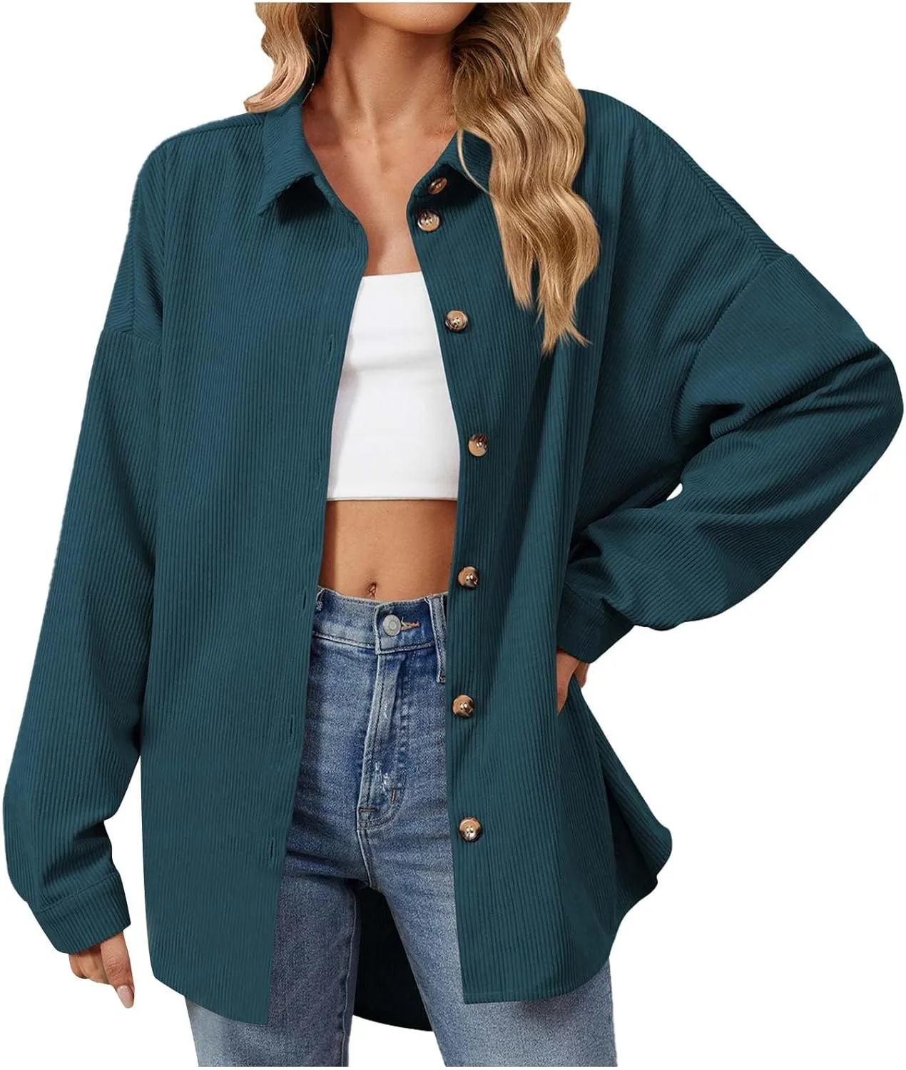 Women's Corduroy Shirt Long Sleeve Button Down Shacket Jacket Casual Oversized Top Trendy Versatile Fall Coats 2024