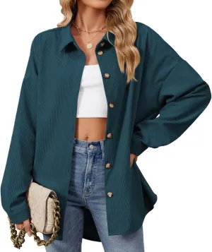 Women's Corduroy Shirt Long Sleeve Button Down Shacket Jacket Casual Oversized Top Trendy Versatile Fall Coats 2024