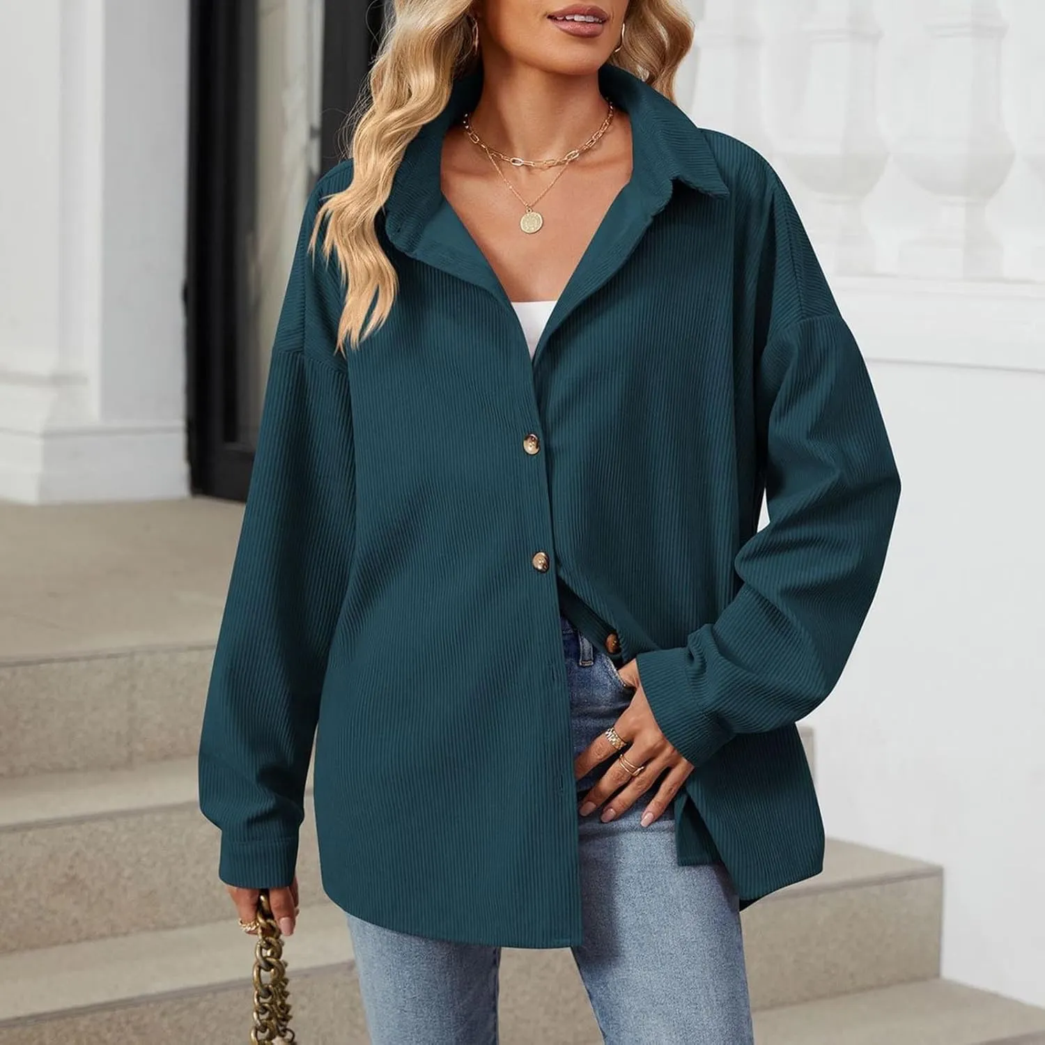 Women's Corduroy Shirt Long Sleeve Button Down Shacket Jacket Casual Oversized Top Trendy Versatile Fall Coats 2024