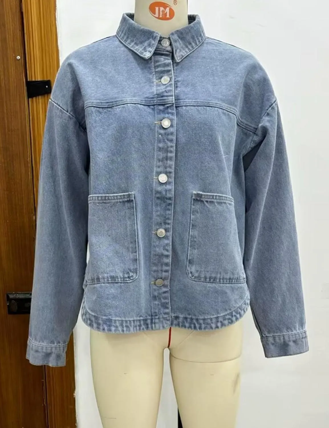 Womens Denim Jacket Button Up Jean Coat Collared Neck MidLong Solid Fashion Trucker Jacket with Pocket Casual Top