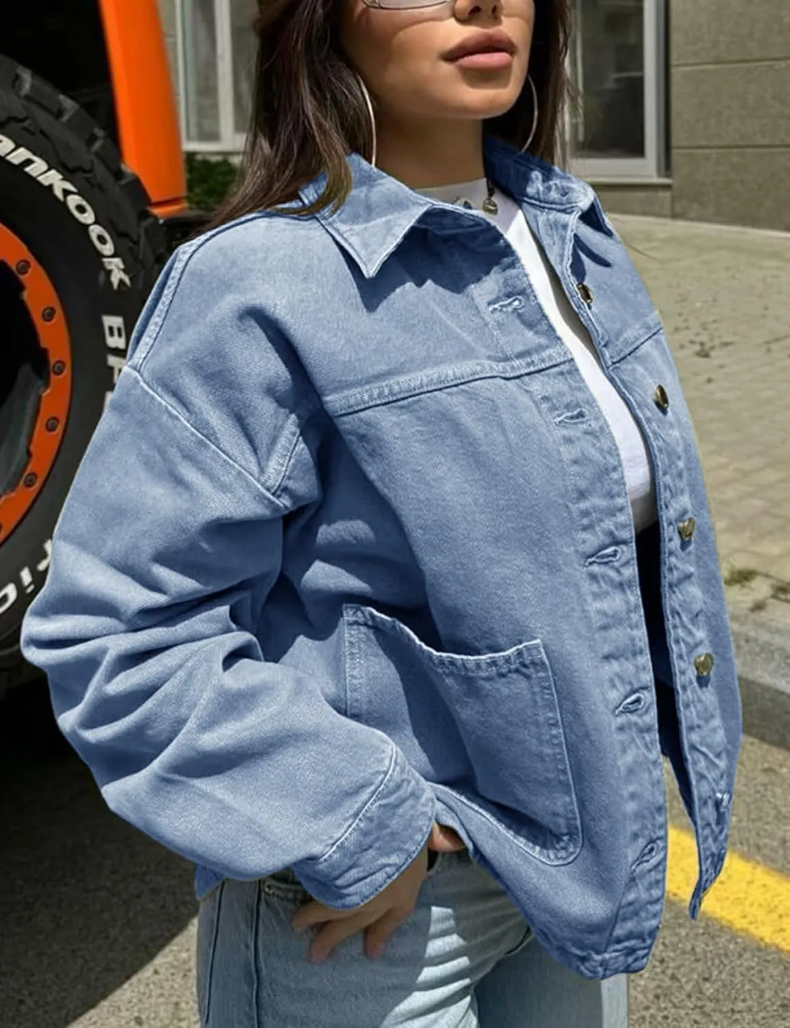 Womens Denim Jacket Button Up Jean Coat Collared Neck MidLong Solid Fashion Trucker Jacket with Pocket Casual Top