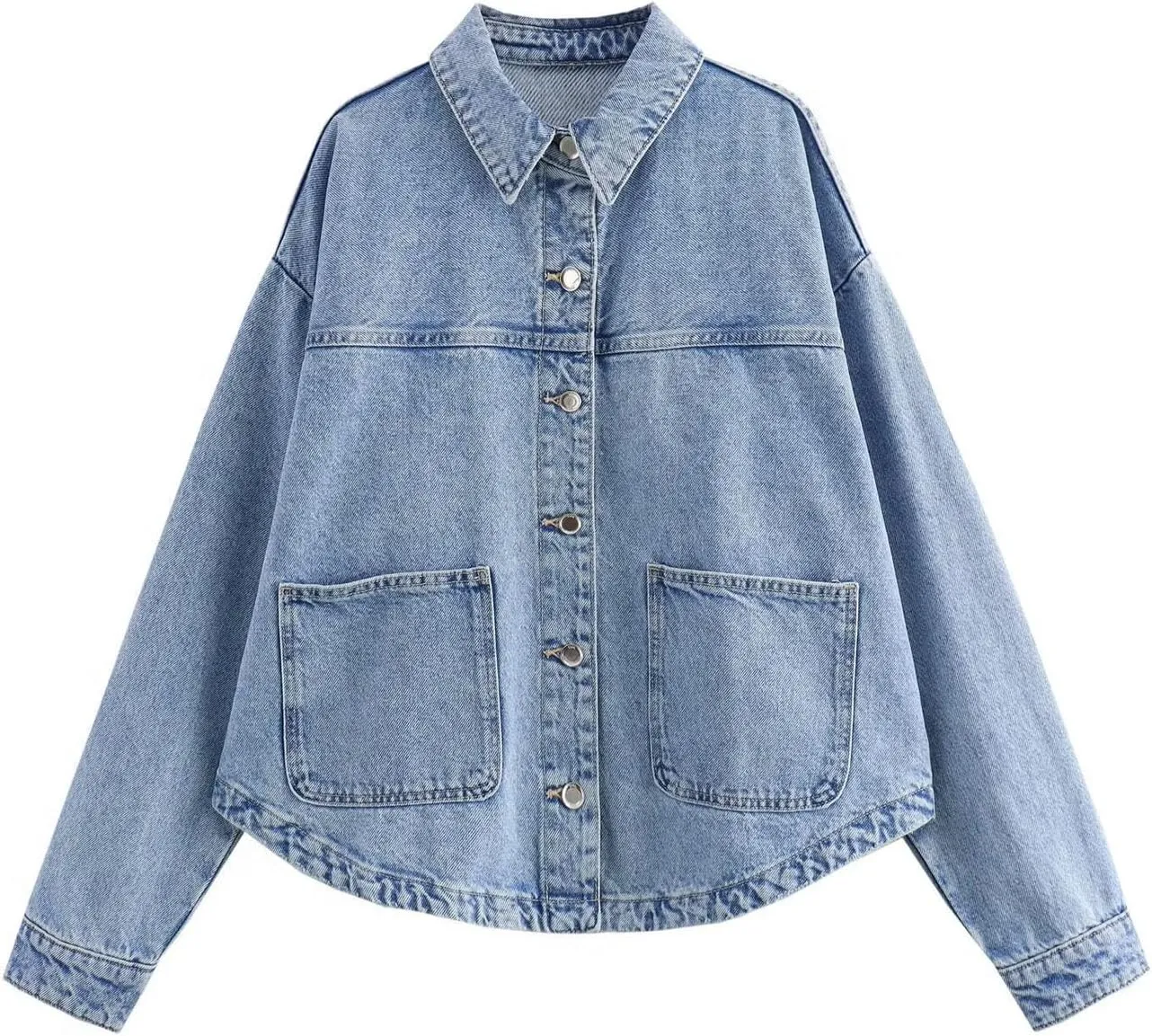 Womens Denim Jacket Button Up Jean Coat Collared Neck MidLong Solid Fashion Trucker Jacket with Pocket Casual Top