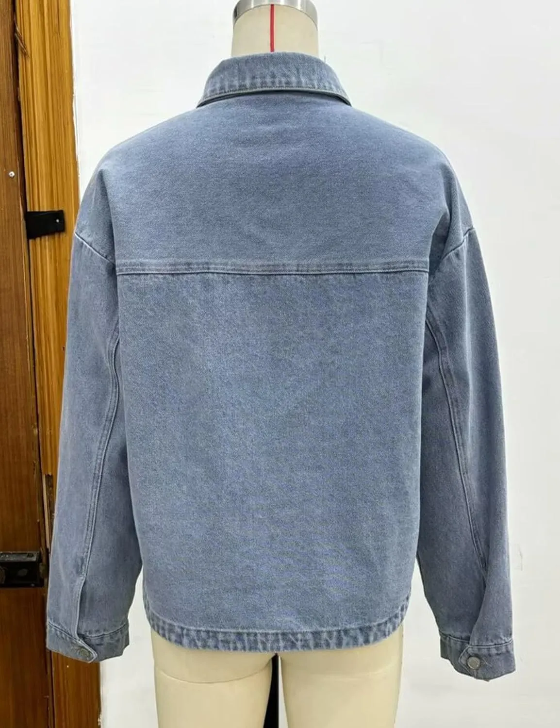 Womens Denim Jacket Button Up Jean Coat Collared Neck MidLong Solid Fashion Trucker Jacket with Pocket Casual Top