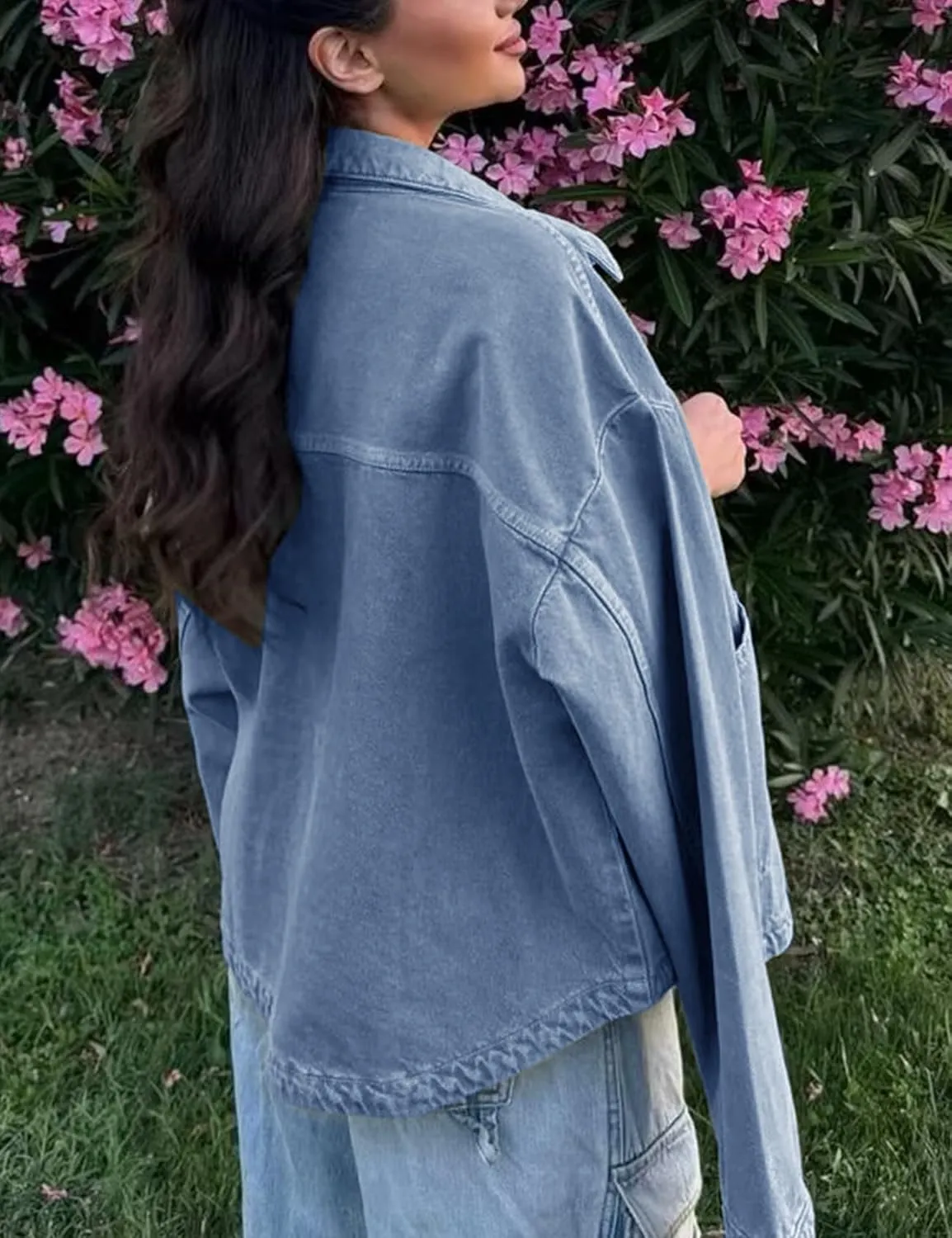 Womens Denim Jacket Button Up Jean Coat Collared Neck MidLong Solid Fashion Trucker Jacket with Pocket Casual Top