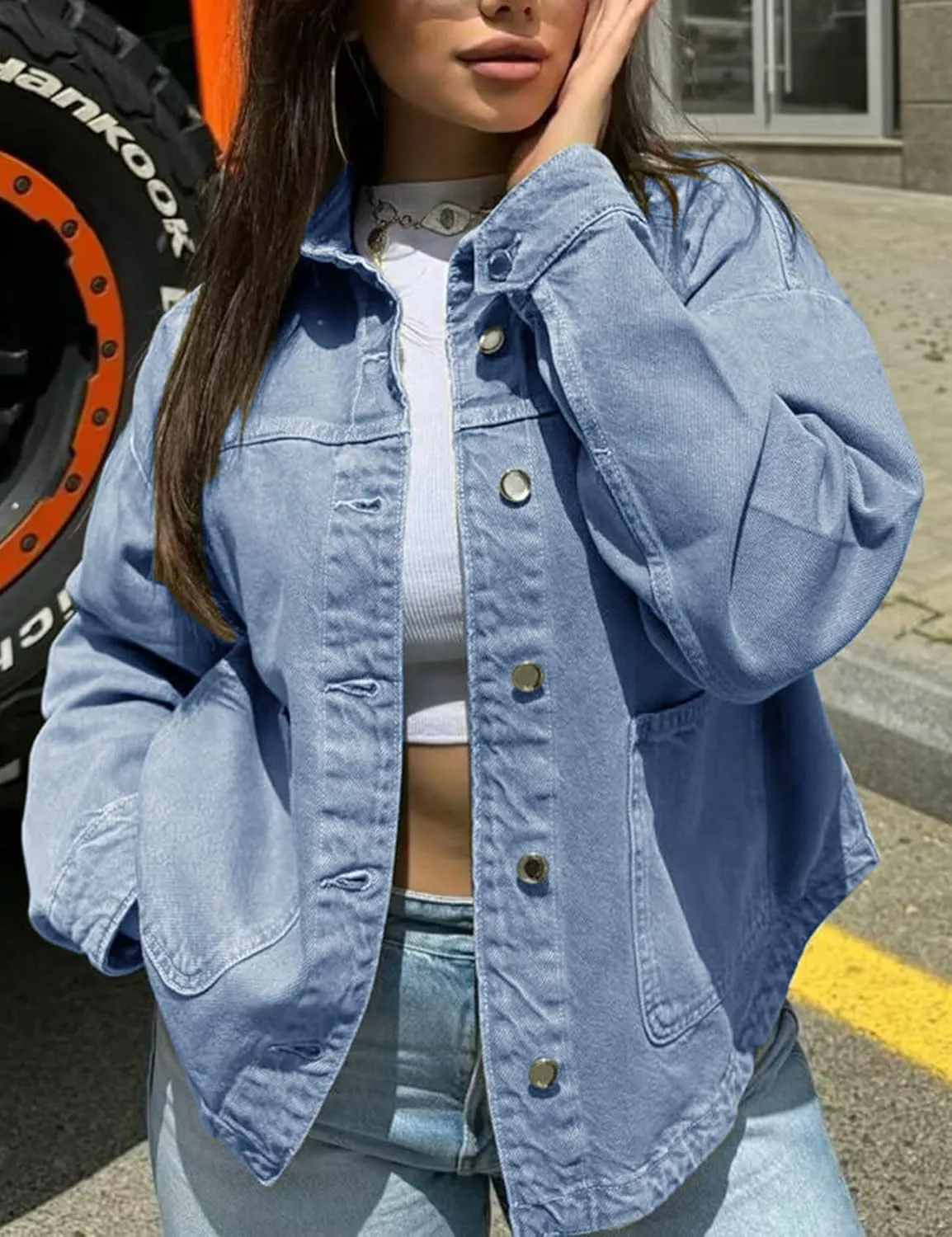 Womens Denim Jacket Button Up Jean Coat Collared Neck MidLong Solid Fashion Trucker Jacket with Pocket Casual Top