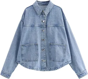 Womens Denim Jacket Button Up Jean Coat Collared Neck MidLong Solid Fashion Trucker Jacket with Pocket Casual Top