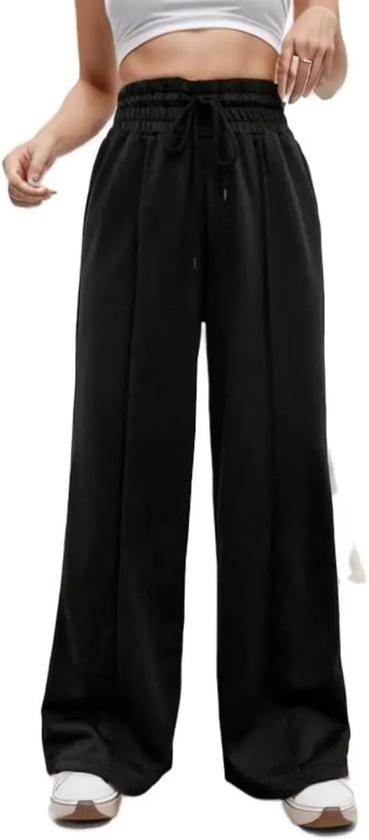 Women's Drawstring Elastic High Waist Wide Leg Sweatpants Trendy Lounge Pants Fall Fashion Trousers with Pockets