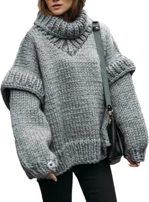 Womens Fall Winter Oversized Turtleneck Sweater Turtleneck Sweater Batwing Long Sleeve Chunky Knit Pullover Tops