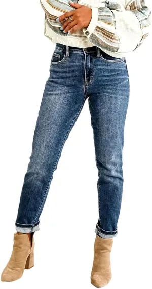 Women's Fashion High Waist Jeans Mid Elegant High Waist Skinny Pants Cotton Blend Solid Stretch Jeans