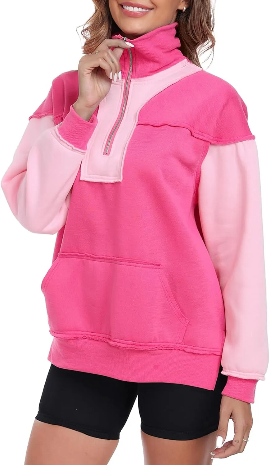 Womens Half Zip Sweatshirts Oversized Long Sleeve Fleece Color Block Pullover Tops with Pocket 2024 Winter Y2K ﻿
