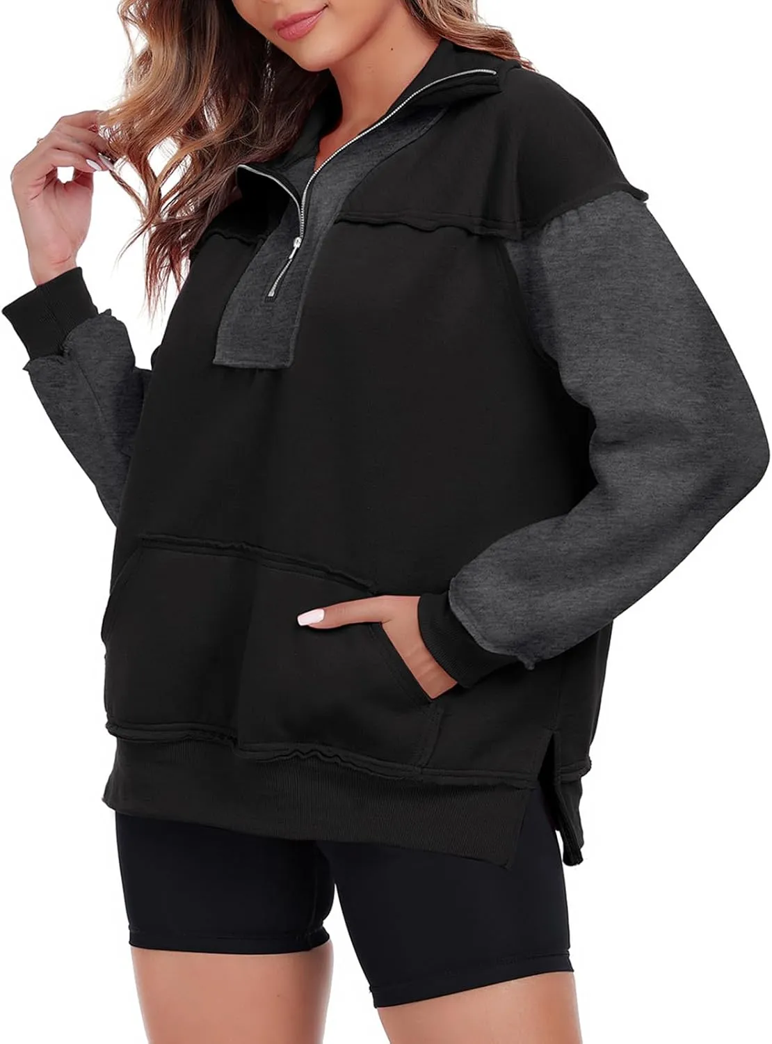 Womens Half Zip Sweatshirts Oversized Long Sleeve Fleece Color Block Pullover Tops with Pocket 2024 Winter Y2K ﻿