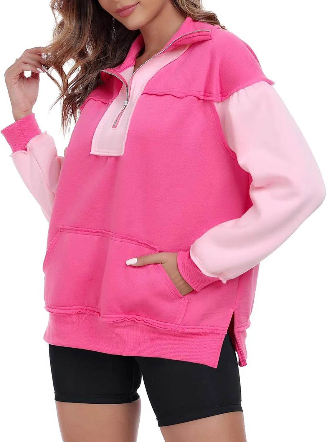 Womens Half Zip Sweatshirts Oversized Long Sleeve Fleece Color Block Pullover Tops with Pocket 2024 Winter Y2K ﻿