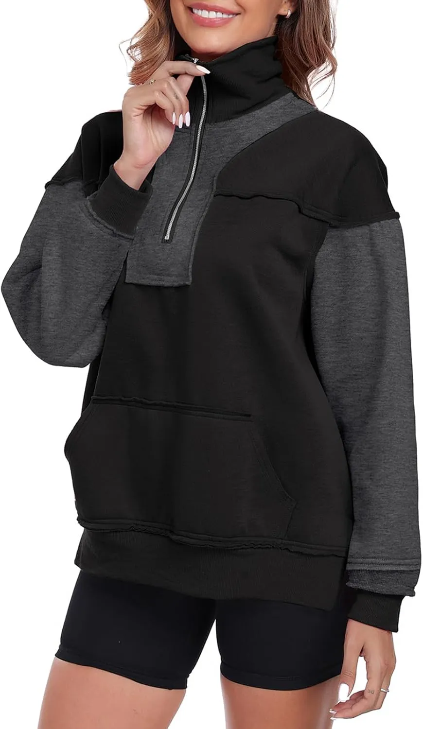 Womens Half Zip Sweatshirts Oversized Long Sleeve Fleece Color Block Pullover Tops with Pocket 2024 Winter Y2K ﻿