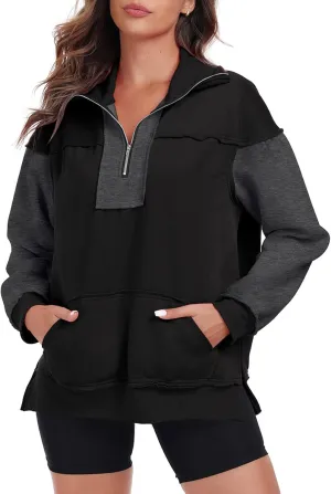 Womens Half Zip Sweatshirts Oversized Long Sleeve Fleece Color Block Pullover Tops with Pocket 2024 Winter Y2K ﻿