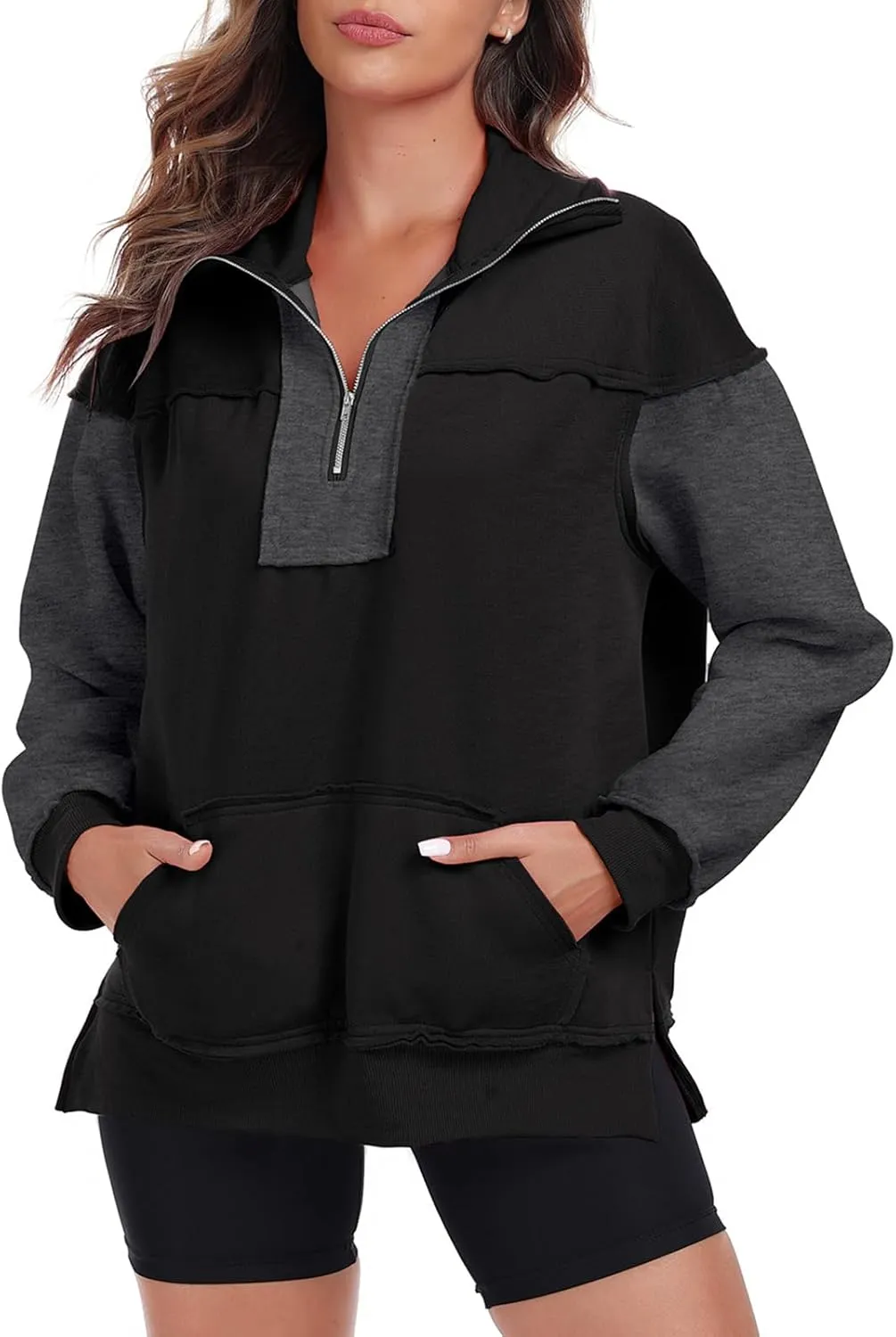 Womens Half Zip Sweatshirts Oversized Long Sleeve Fleece Color Block Pullover Tops with Pocket 2024 Winter Y2K ﻿