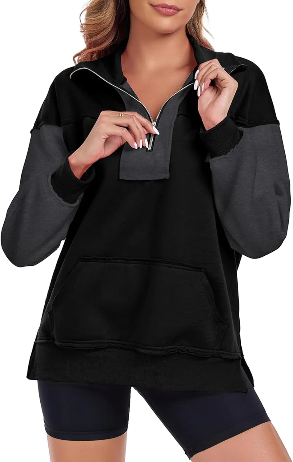 Womens Half Zip Sweatshirts Oversized Long Sleeve Fleece Color Block Pullover Tops with Pocket 2024 Winter Y2K ﻿