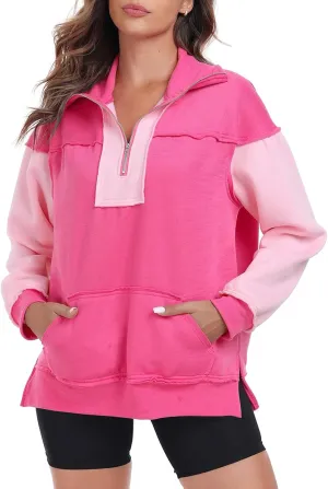 Womens Half Zip Sweatshirts Oversized Long Sleeve Fleece Color Block Pullover Tops with Pocket 2024 Winter Y2K ﻿