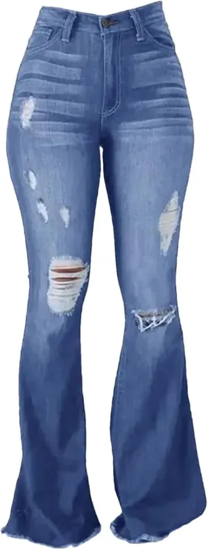 Women's High Stretch Ripped Denim Pants High Waisted Skinny Flared Trousers Button Flyjeans