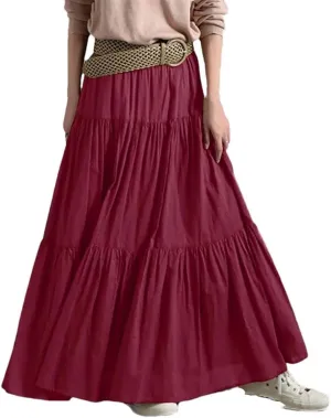Womens High Waist A Line Flowy Maxi Skirts Bohemian Swing Beach Skirt Layered Ruffle Pleated Long Dress