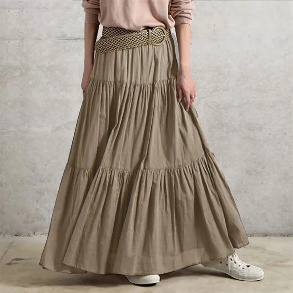 Womens High Waist A Line Flowy Maxi Skirts Bohemian Swing Beach Skirt Layered Ruffle Pleated Long Dress