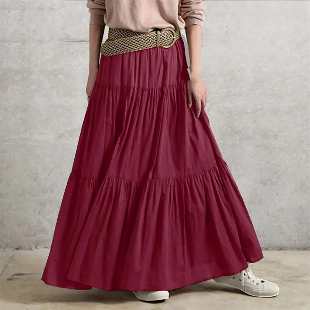 Womens High Waist A Line Flowy Maxi Skirts Bohemian Swing Beach Skirt Layered Ruffle Pleated Long Dress