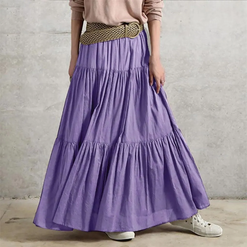 Womens High Waist A Line Flowy Maxi Skirts Bohemian Swing Beach Skirt Layered Ruffle Pleated Long Dress