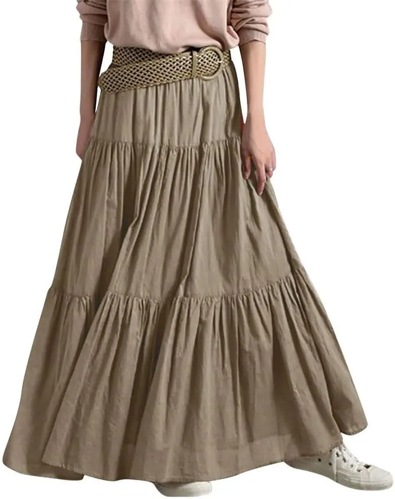 Womens High Waist A Line Flowy Maxi Skirts Bohemian Swing Beach Skirt Layered Ruffle Pleated Long Dress